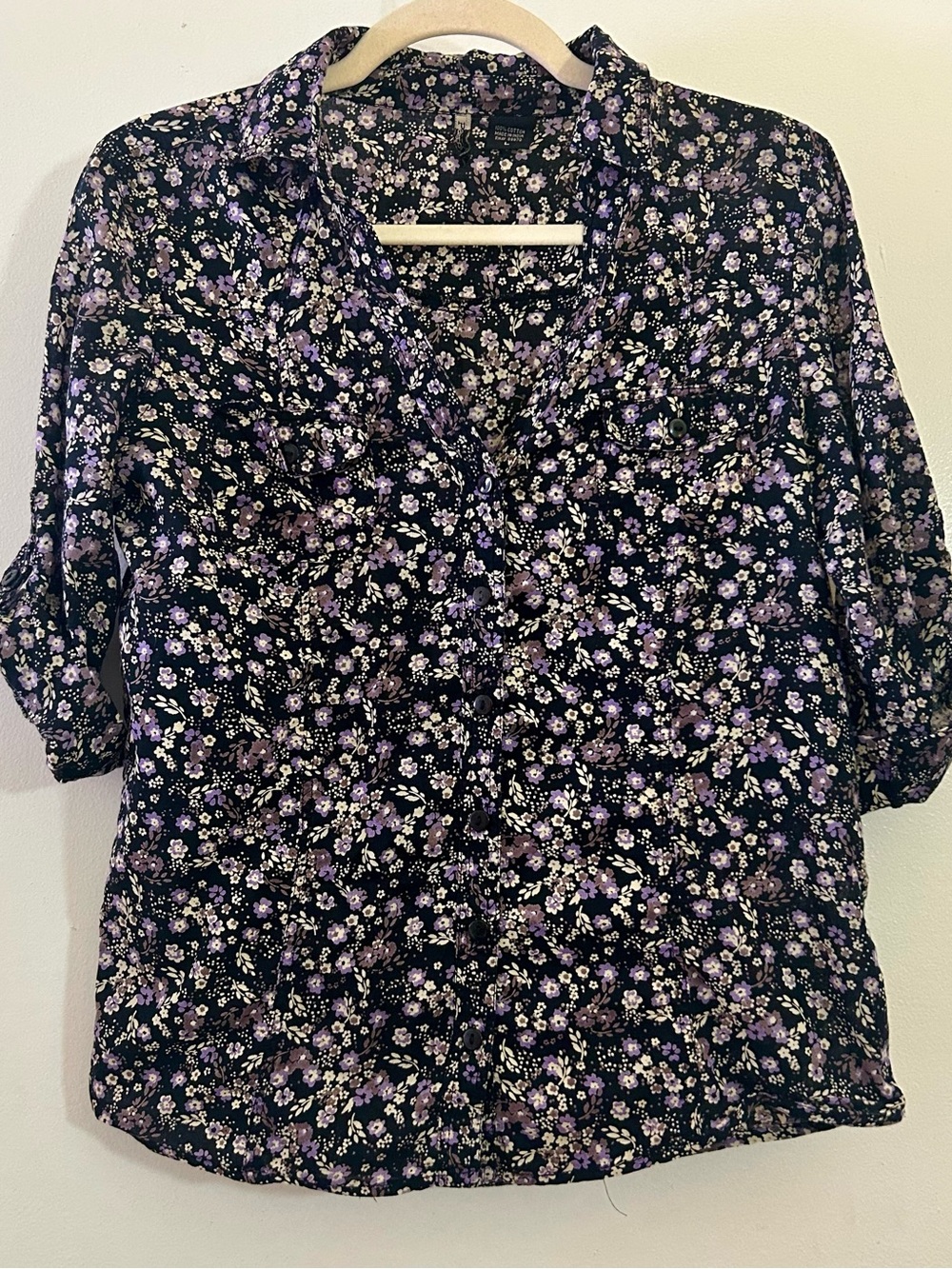 Passport Floral Blouse Button Collared Short Sleeve Shirt Black Cotton Large / L